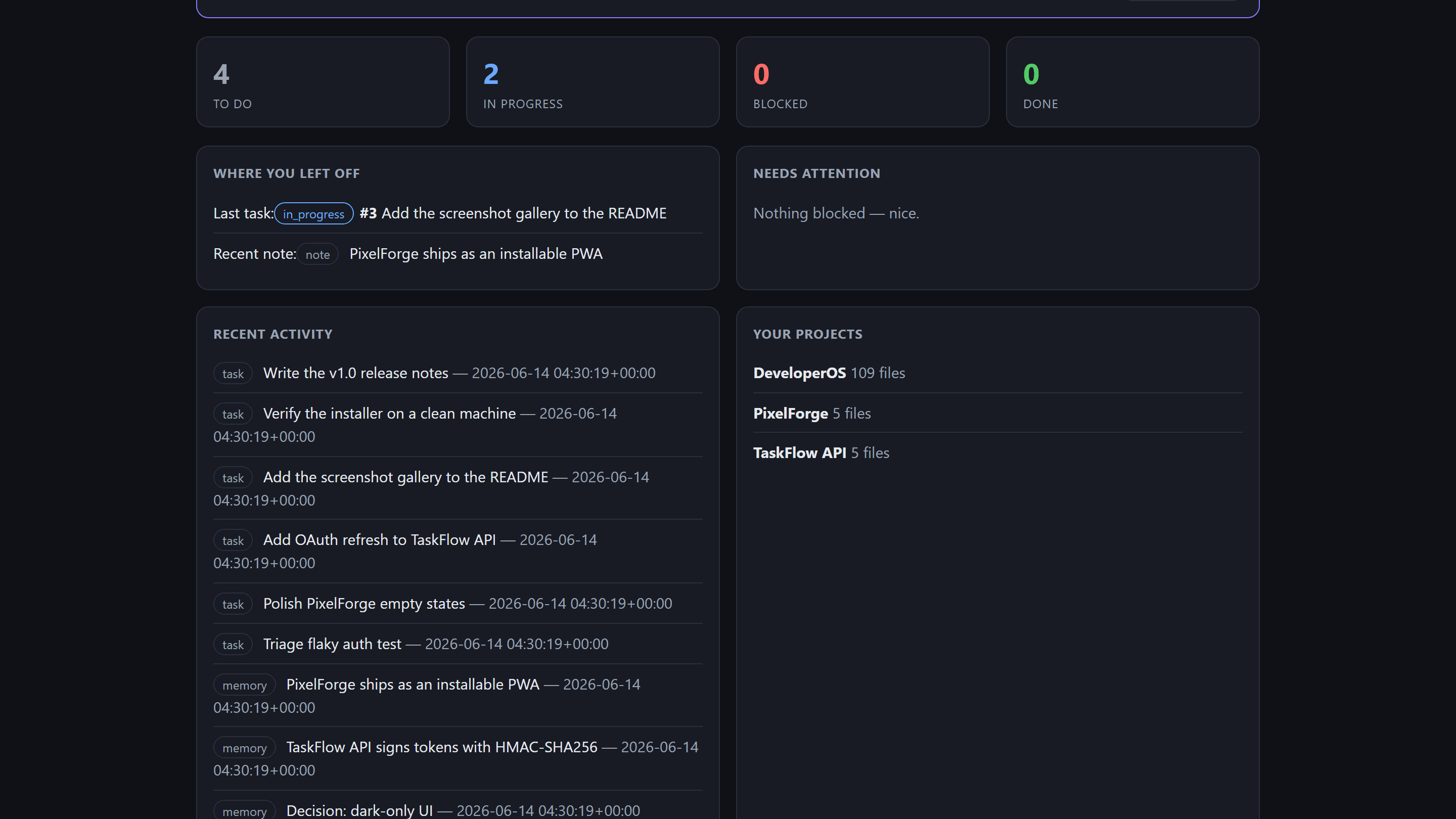 DeveloperOS dashboard overview
