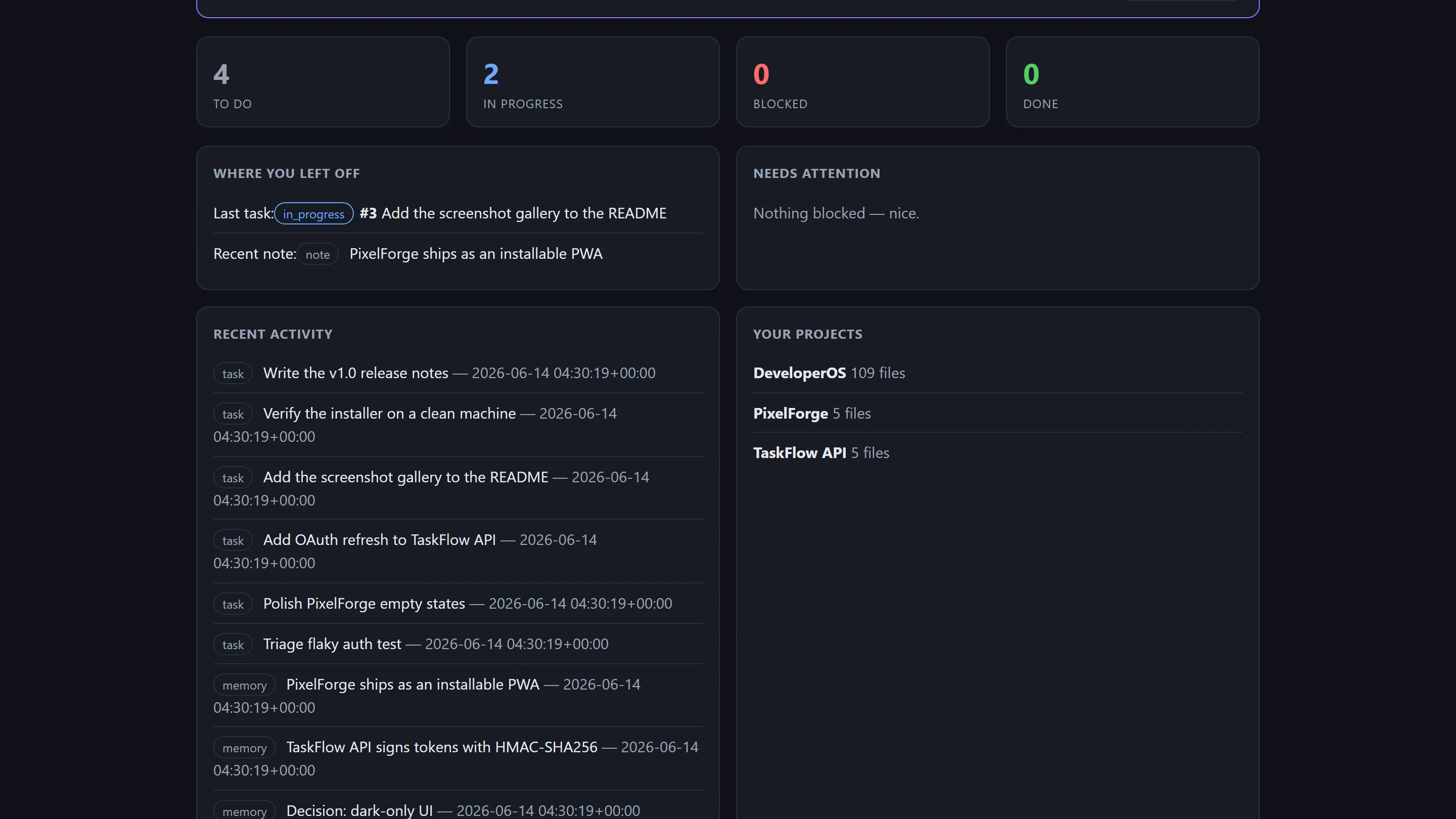 DeveloperOS dashboard overview
