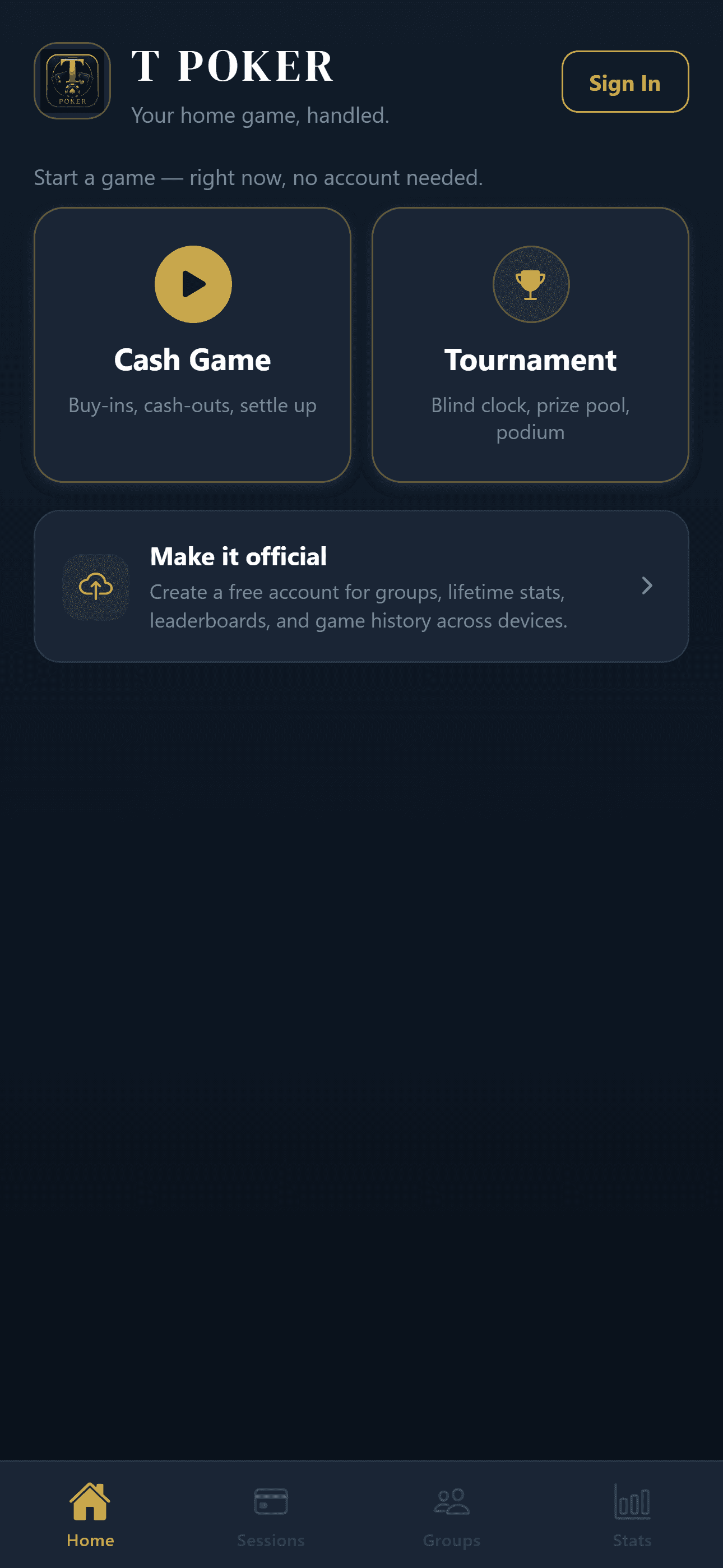 T Poker home screen — Cash Game or Tournament